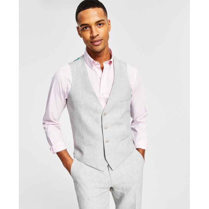 Bar III Men's Slim-Fit Light Gray Chambray Linen Suit Vest Medium Grey