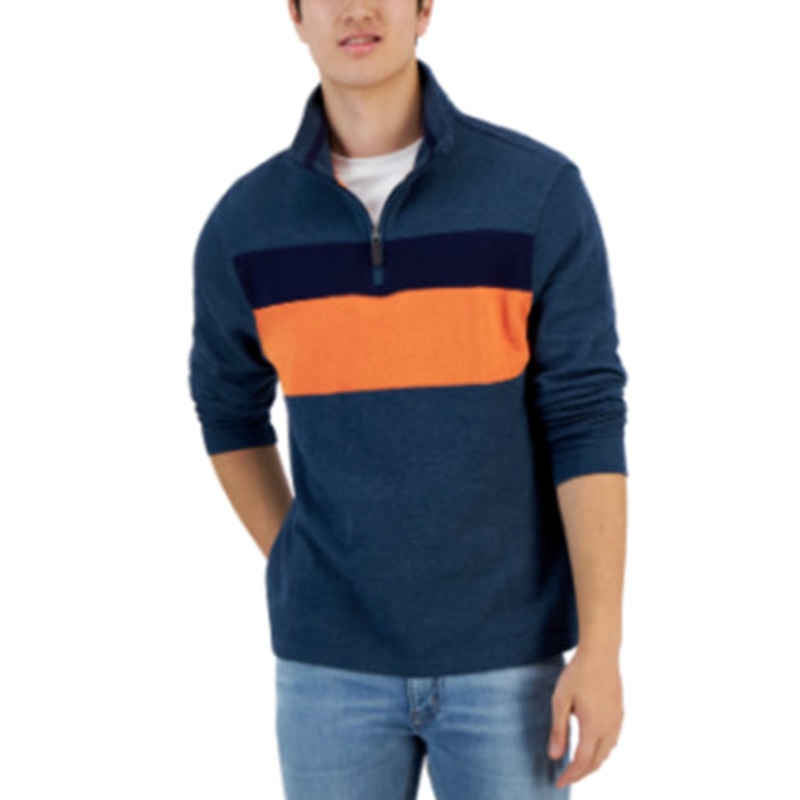 Club Room Mens Colorblock French Rib Quarter Zip Sweater Blue Orange 2XL