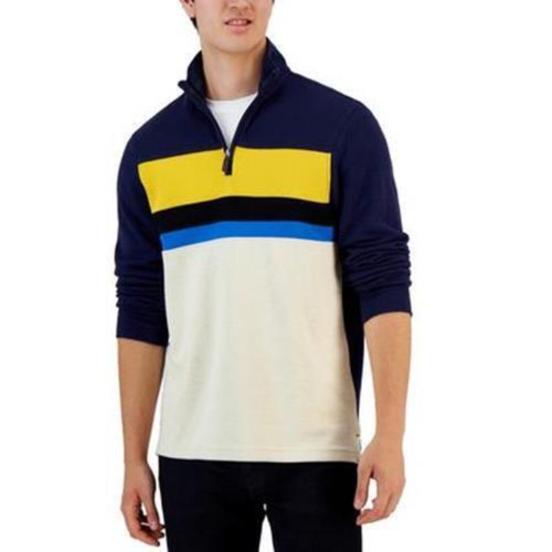 Club Room Mens Colorblocked French Rib Quarter Zip Sweater Navy Blue XL
