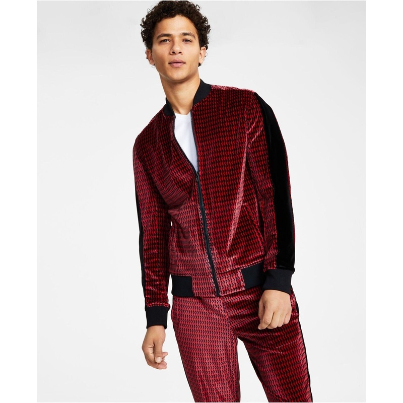 INC Men's Classic-Fit Geo-Print Full-Zip Velour Tracksuit Jacket Ruby Medium