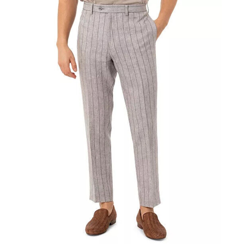 Tallia Men's Slim-Fit Wide Stripe Light Gray Linen Dress Pants 30 X 32