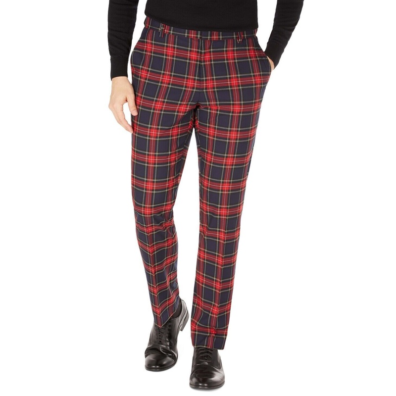 Tommy Hilfiger Men's Modern-Fit Stretch Dress Pants 32 x 32 Navy Red Plaid