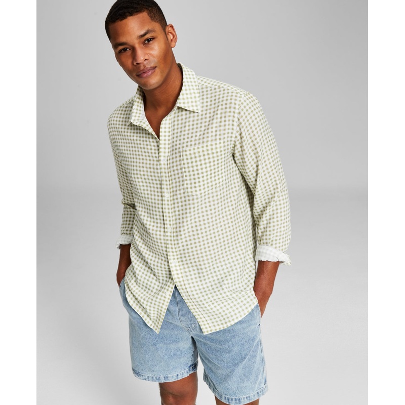 And Now This Men's Mini Check Long Sleeve Button Down Shirt Sage 2XL