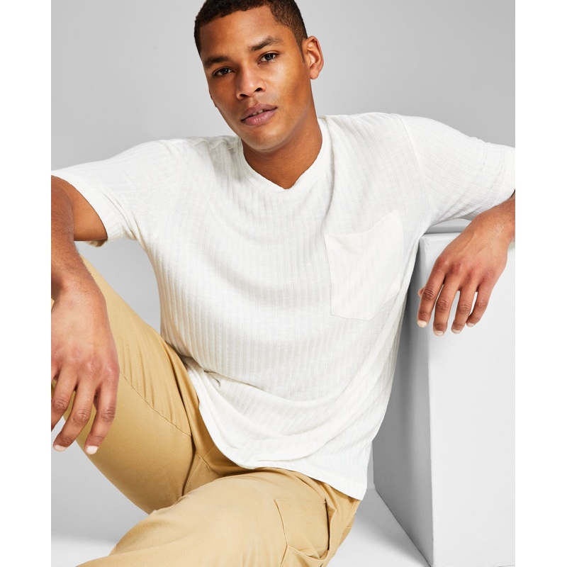 And Now This Men's Ribbed Pocket Knit Short-Sleeve T Shirt White Large