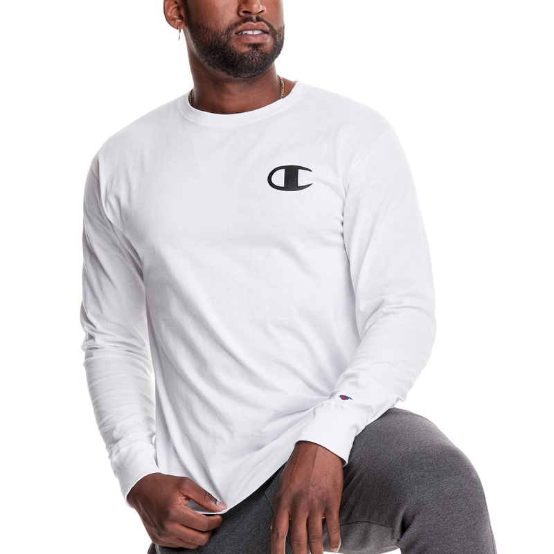 Champion Men's Classic Cassette Logo Graphic Long Sleeve T Shirt White Medium