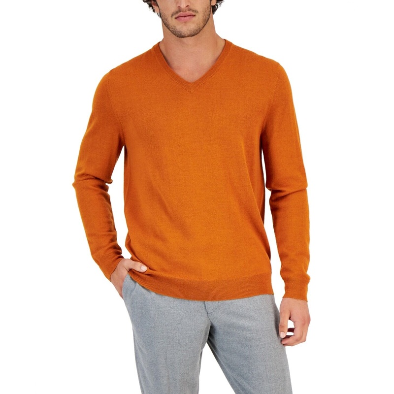 Club Room Mens Regular Fit Solid V Neck Sweater Pumpkin Latte Orange XL