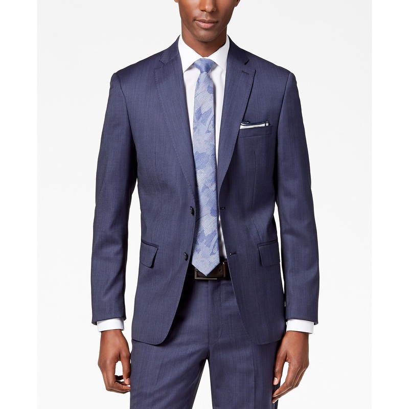 DKNY Men's Modern-Fit Stretch Textured Suit Jacket 40L Blue Wool