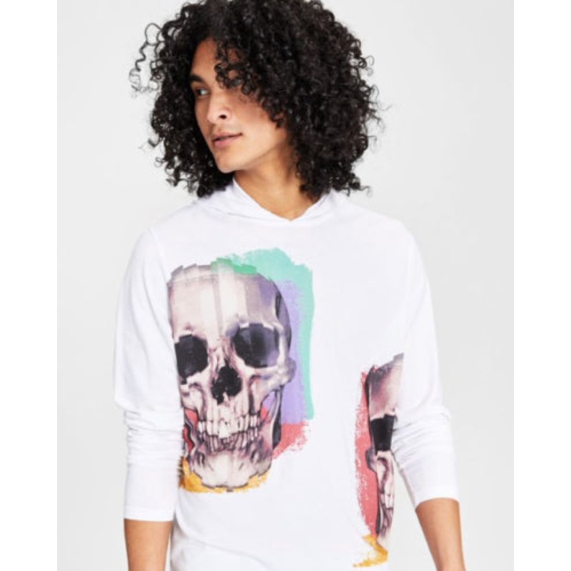 INC International Concepts Mens Skull Hoodie Sweatshirt White Pure Large
