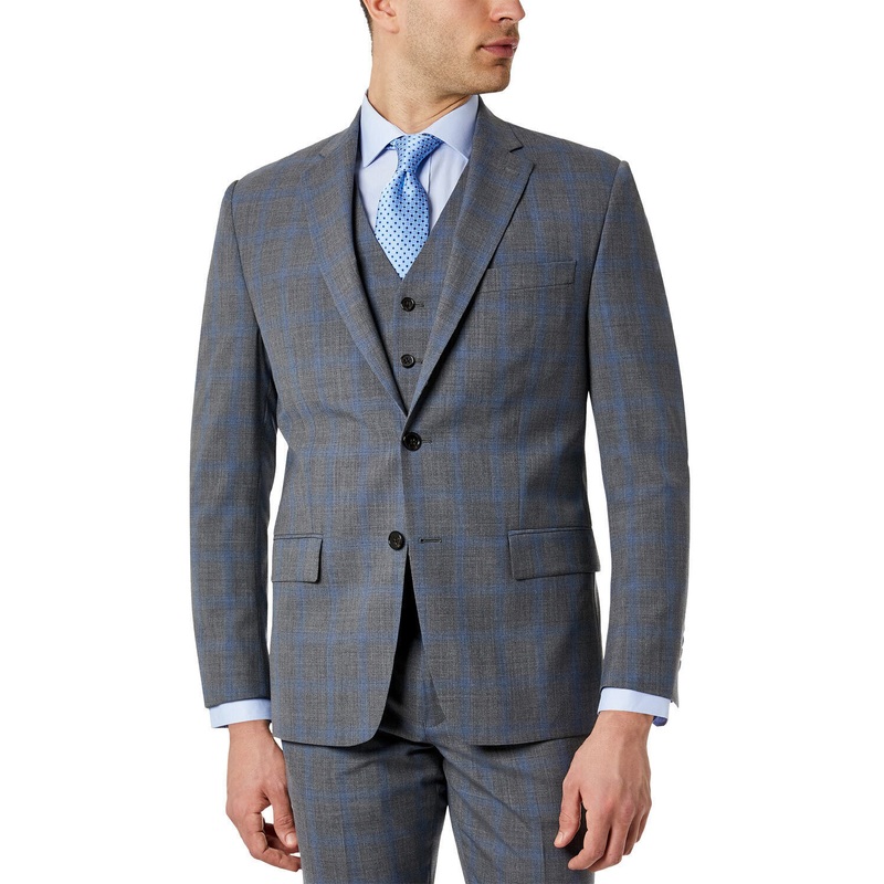 Lauren Ralph Lauren Mens Wool Stretch Suit Jacket 42S Grey Blue Plaid