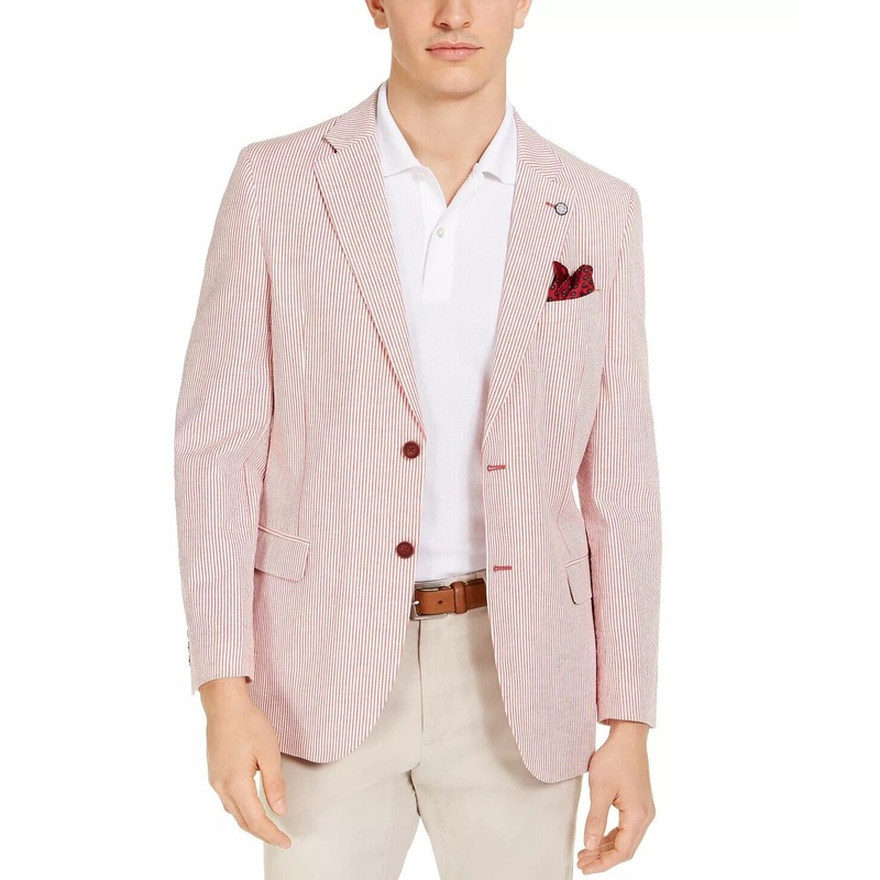Nautica Mens Sport Coat Red White 40S Modern-Fit Stretch Stripe Seersucker