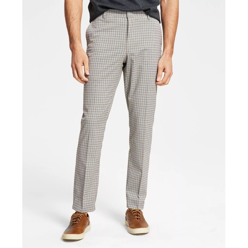 Tommy Hilfiger Modern-Fit Flex Light Brown Check Performance Pants 34 x 30 Flat