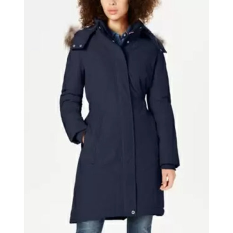Tommy Hilfiger Womens Hooded Faux-Fur-Trim Puffer Parka Coat XL Navy Blue