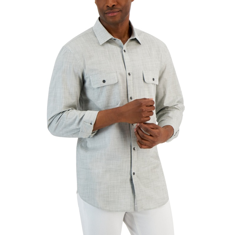 Alfani Men's Regular Fit Solid Grey Button Down Shirt Medium