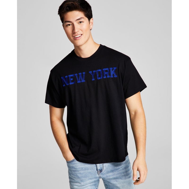 And Now This Men's Oversized-Fit Embroidered New York T Shirt Black Medium