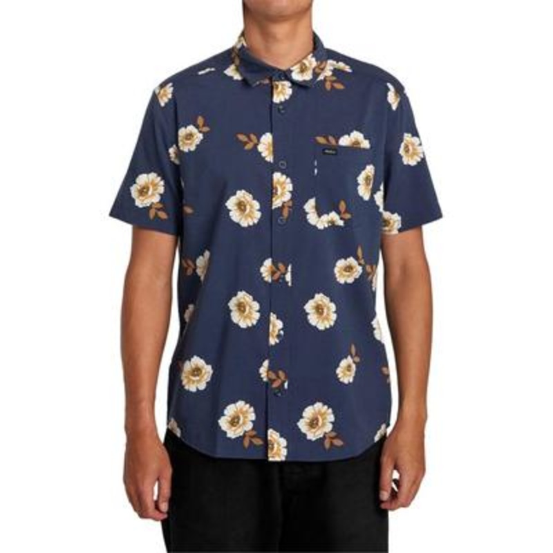 RVCA Mens Botanical Print Short Sleeve Button Down Shirt Blue Medium