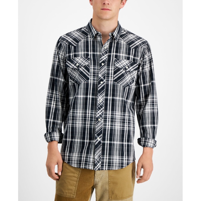 Sun + Stone Men's Remington Regular Fit Plaid Western Shirt Dark Lead 2XL