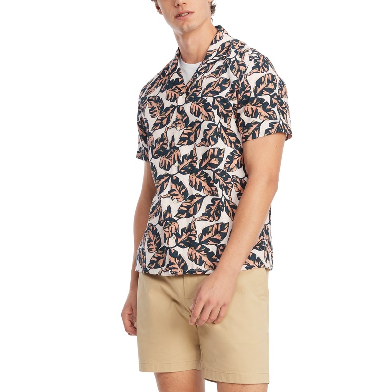 Tommy Hilfiger Mens Tropical Print Short Sleeve Button Down Shirt Brown Medium