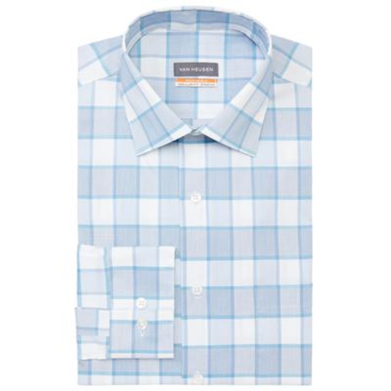 Van Heusen Men's Regular Fit Check Stain Shield Dress Shirt Blue 16 16.5 34 35