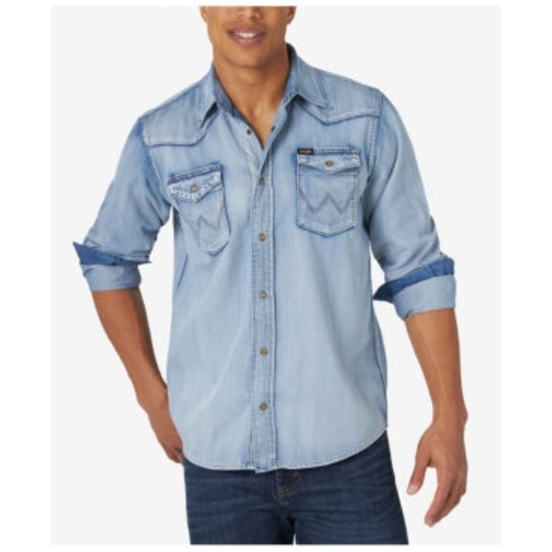 Wrangler Mens Long Sleeve Button Down Shirt Denim Blue Small