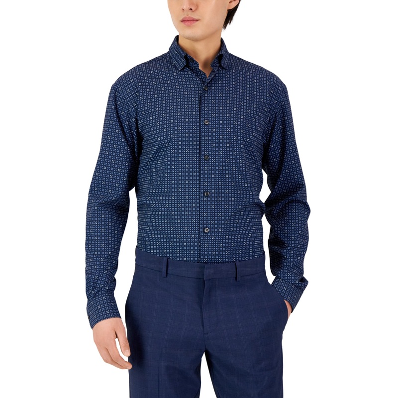 Alfani Men's Regular Fit Travel Ready Geo Print Dress Shirt Navy Blue Size 18