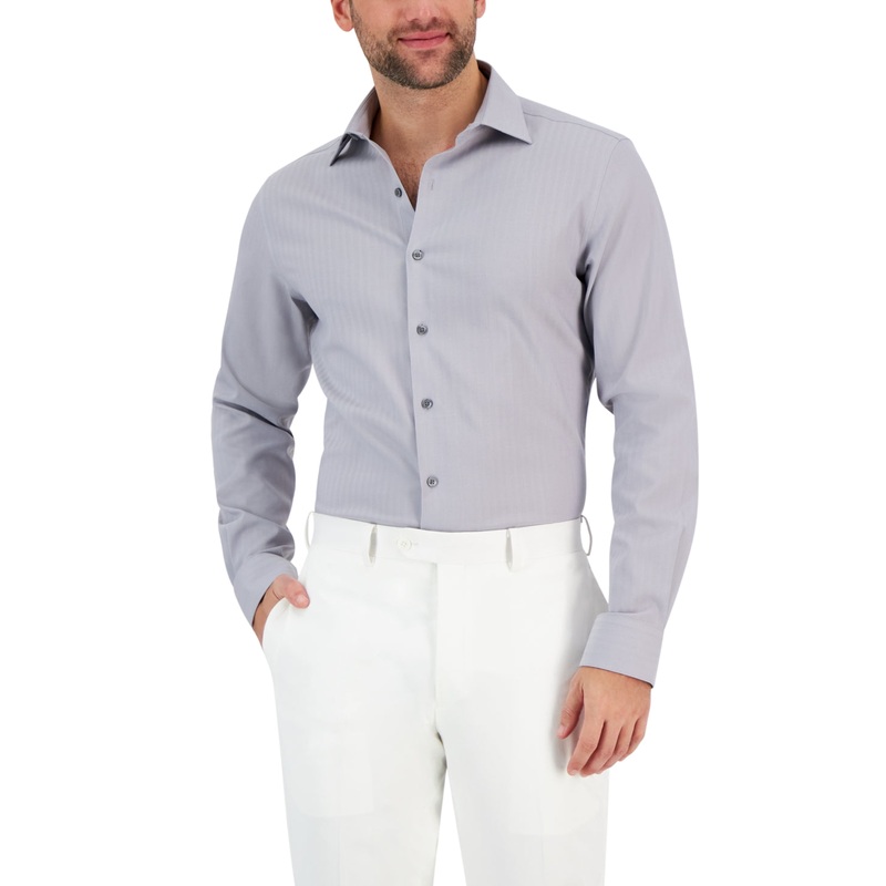 Alfani Men's Slim Fit Herringbone Dress Shirt Grey Medium 15 - 15.5 / 34 - 35