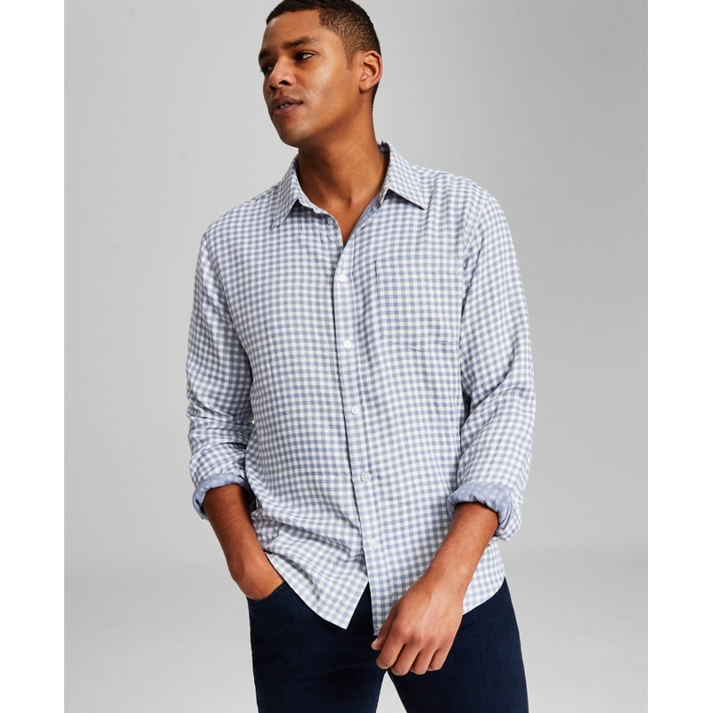 And Now This Men's Mini Check Long-Sleeve Button Down Shirt Blue Medium