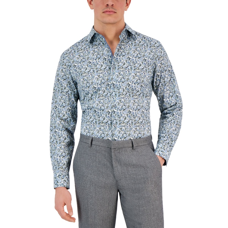Bar Iii Men's Arte Slim Fit Floral Print Dress Shirt Green Blue Large 16 16.5