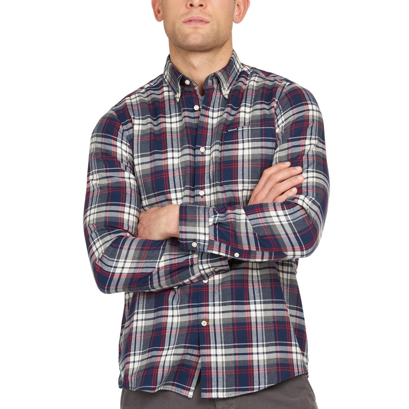 Barbour Men's Crossfell Tailored Button Down Shirt Navy Blue Plaid Large
