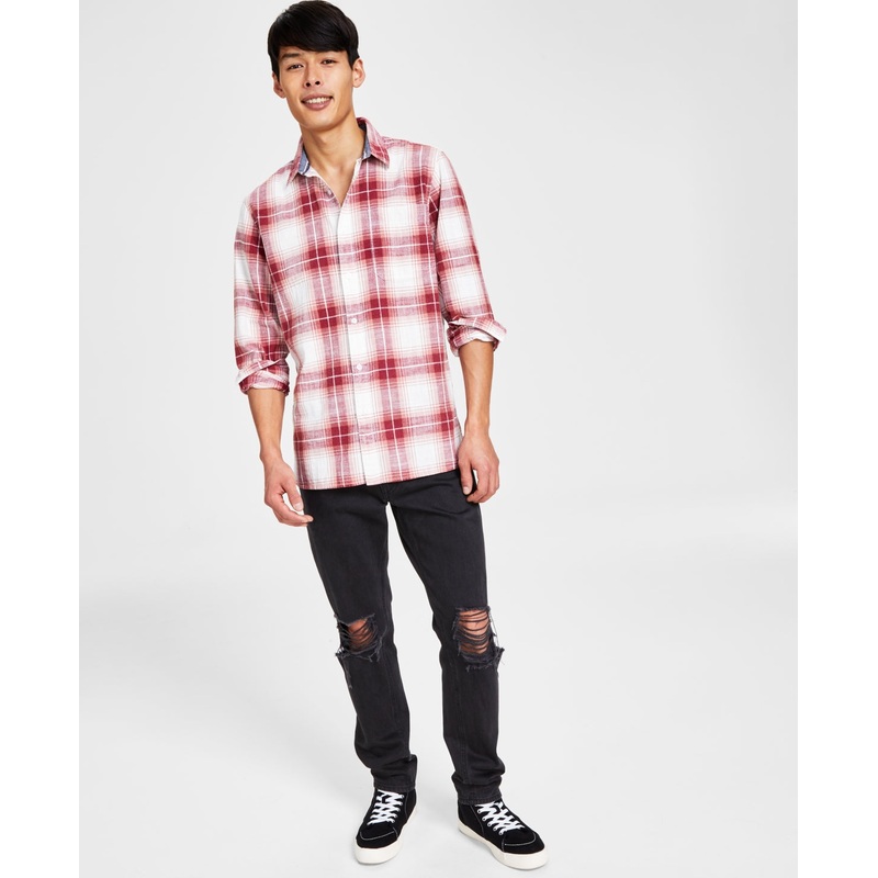 Sun + Stone Men's Brock Classic Fit Textured Plaid Button Down Shirt Red Medium