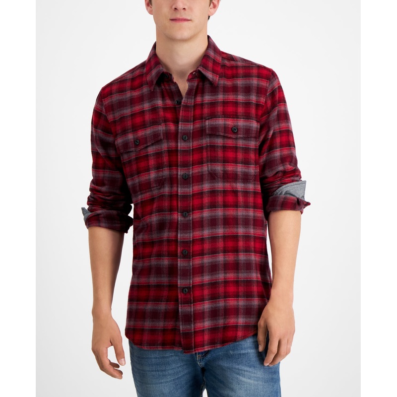 Sun + Stone Men's Plaid Flannel Button Down Shirt Dark Scarlet Red Medium