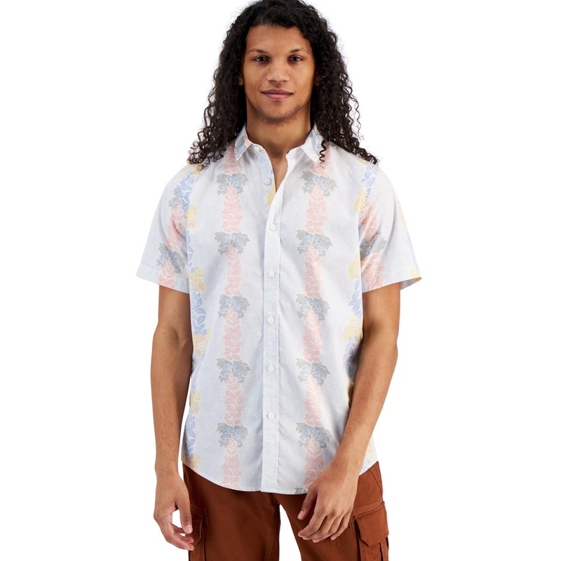 Sun + Stone Mens Regular-Fit Floral Stripe Button-Down Shirt Pale Blue XL
