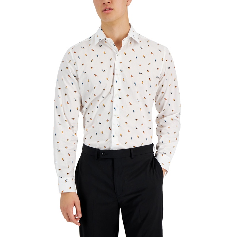 Bar Iii Men's Slim-Fit Forest Bird Printed Button Down Dress Shirt White Large