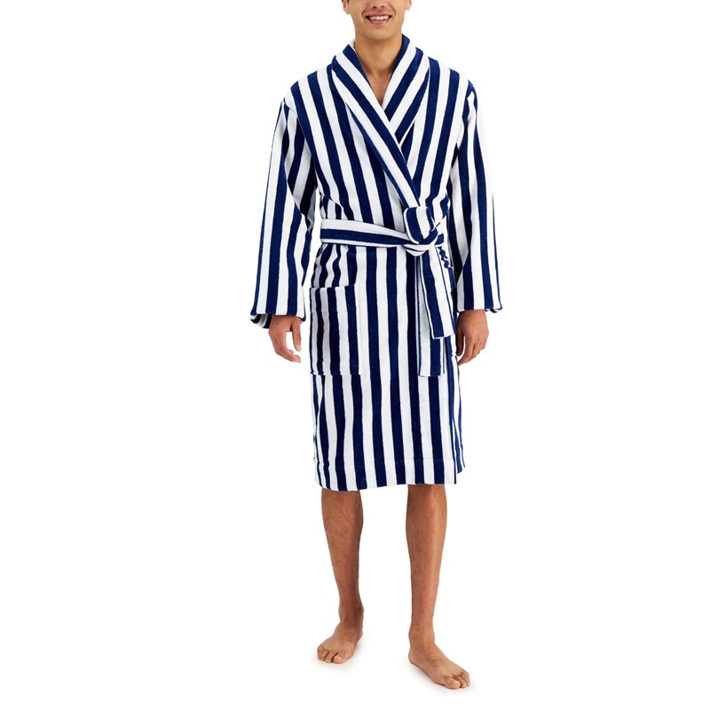 Club Room Men's Yarn-Dyed Stripe Robe Large / XL Navy Blue White