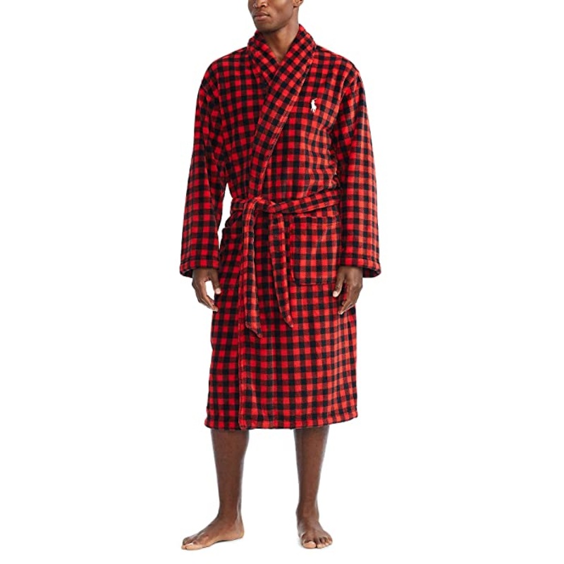 Polo Ralph Lauren Mens Plush Shawl Collar Robe Red Plaid Small Medium