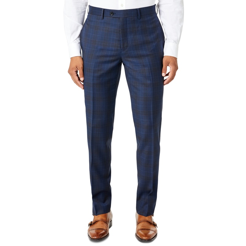 Tallia Mens Vane Wool Plaid Dress Pants Blue 34 x 30