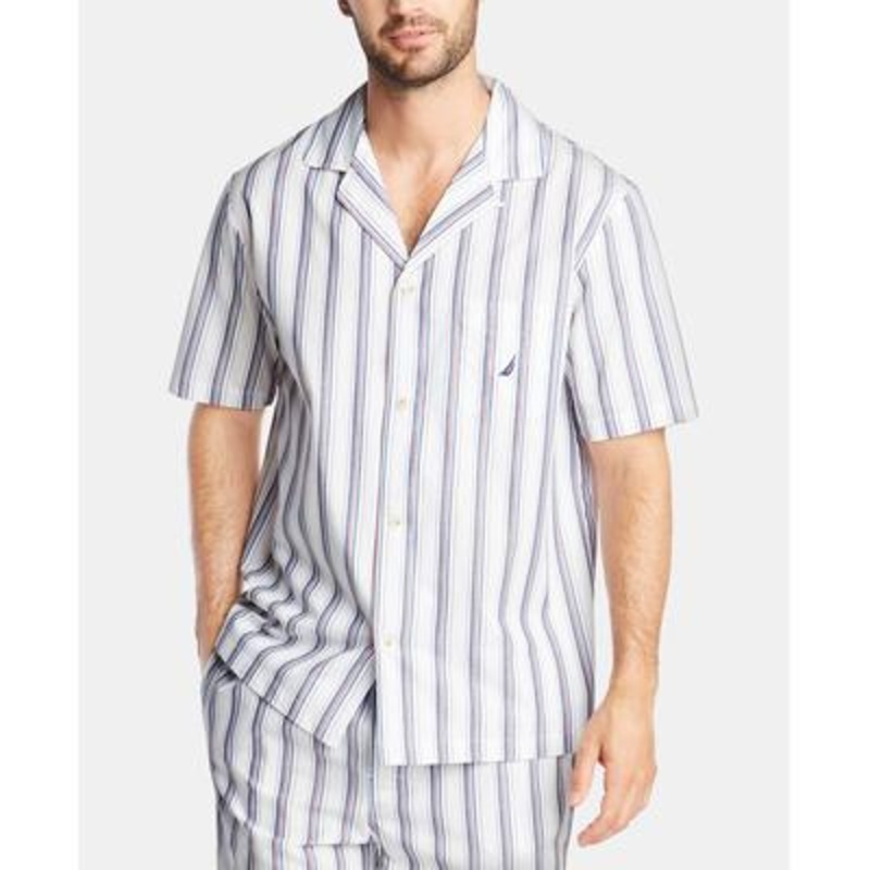 Nautica Men's Cotton Striped Pajama Shirt Short Sleeve Button Down Large