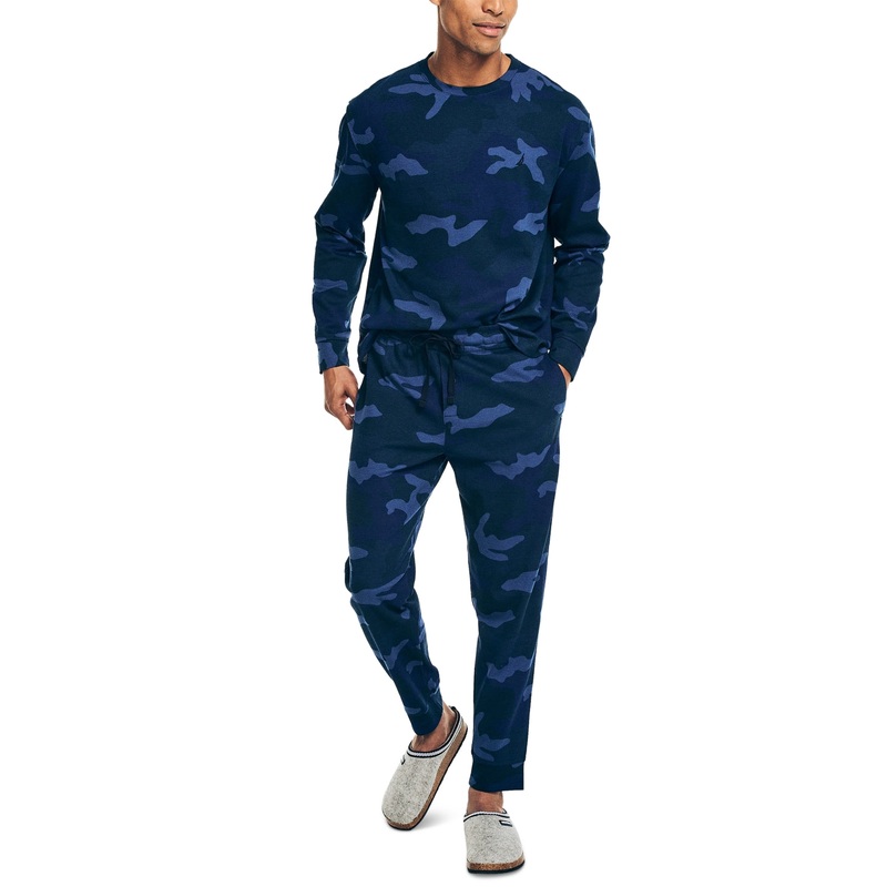 Nautica Men's Waffle Knit Thermal Pajama Set Medium Blue Camo