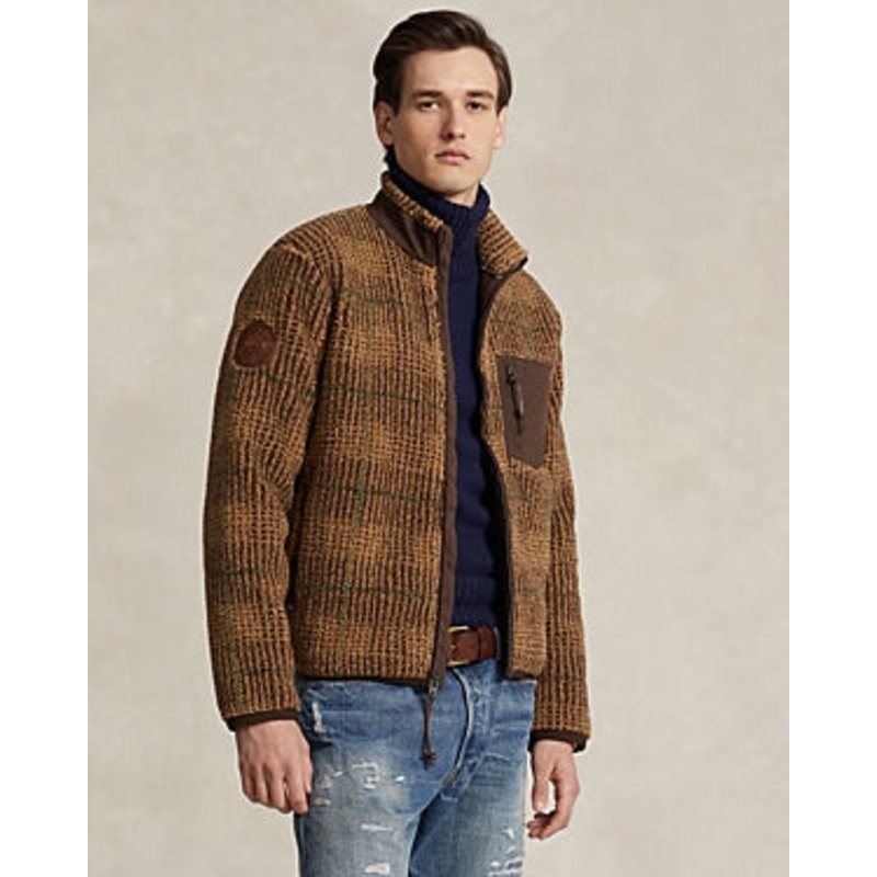 Polo Ralph Lauren Mens Brown Glen Plaid Pile Fleece Jacquard Bomber Jacket Small