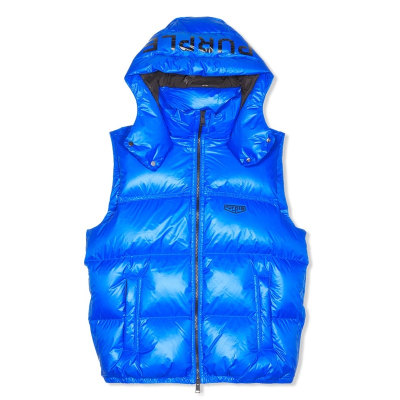 Purple Brand Nylon Hooded Down Puffer Vest Medium Blue