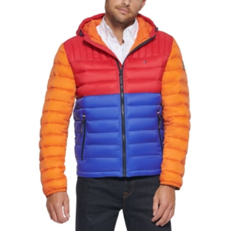 Tommy Hilfiger Men's Quilted Color Blocked Hooded Puffer Jacket Large Multicolor