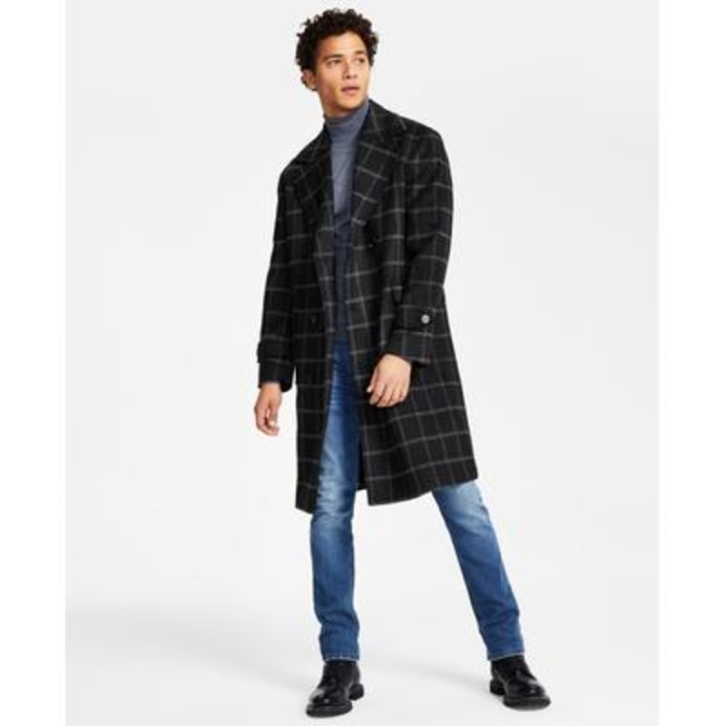 INC International Concepts Men's Emerson Mens Plaid Top Coat Black Large
