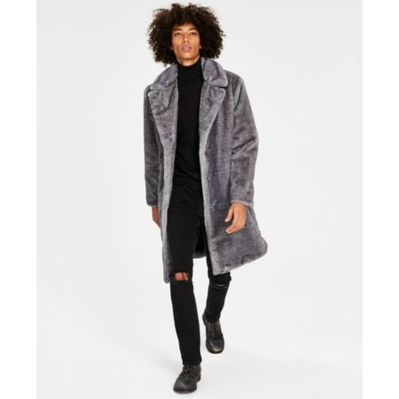 INC International Concepts Mens Elton Frosted Tip Faux Fur Coat Gray XL