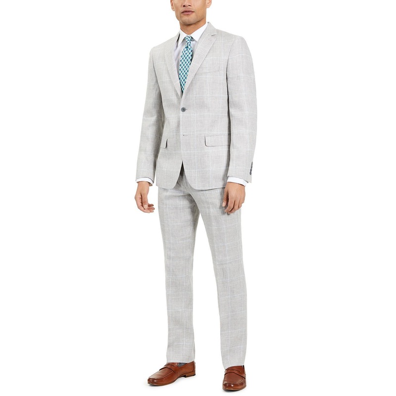 LAUREN RALPH LAUREN Men's Sport Coat 40R Classic-Fit Linen Light Gray Blue Plaid