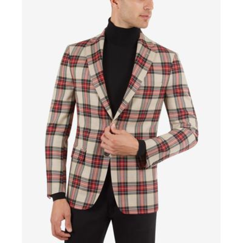 Tallia Men's Slim Fit Sport Coat Cream & Red Tartan 42S