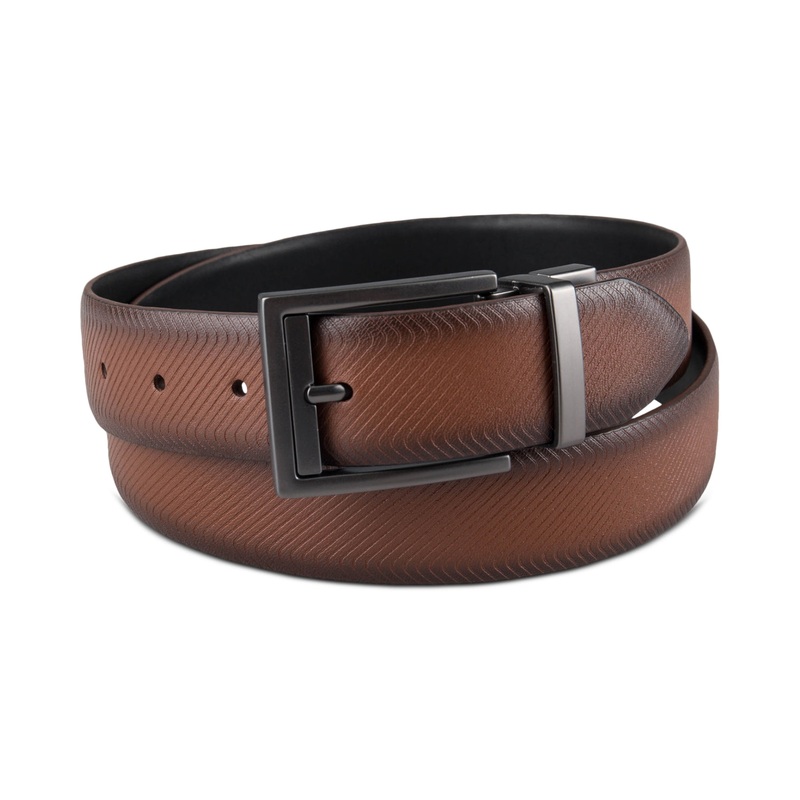 Alfani Men's Faux Leather Reversible Texture Embossed Dress Belt Tan Black Small