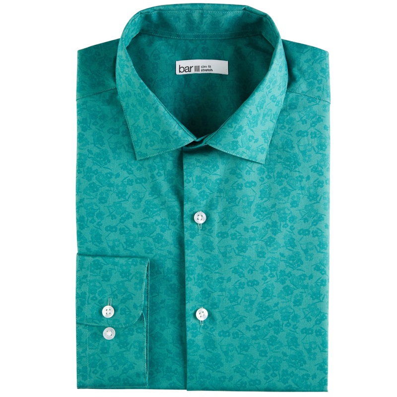 Bar Iii Men's Slim Fit Green Floral Button Down Shirt Large 16 16.5