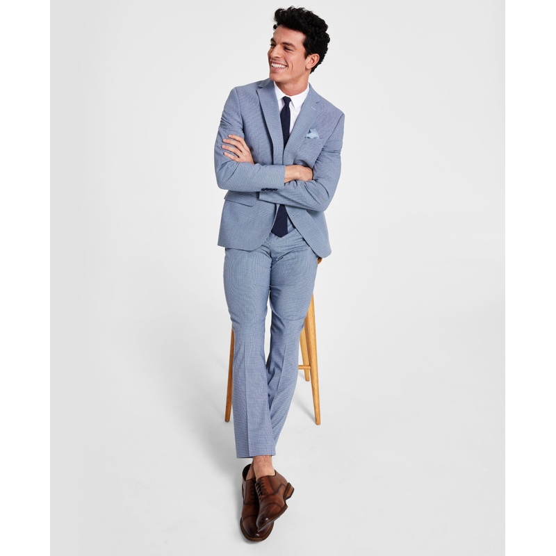 BAR III Men's Slim Fit Mini Check Suit Jacket Blue 46R Sport Coat