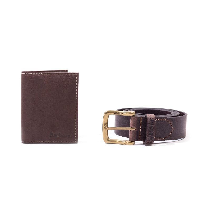 Barbour Men's Leather Belt and Billfold Gift Set Dark Brown