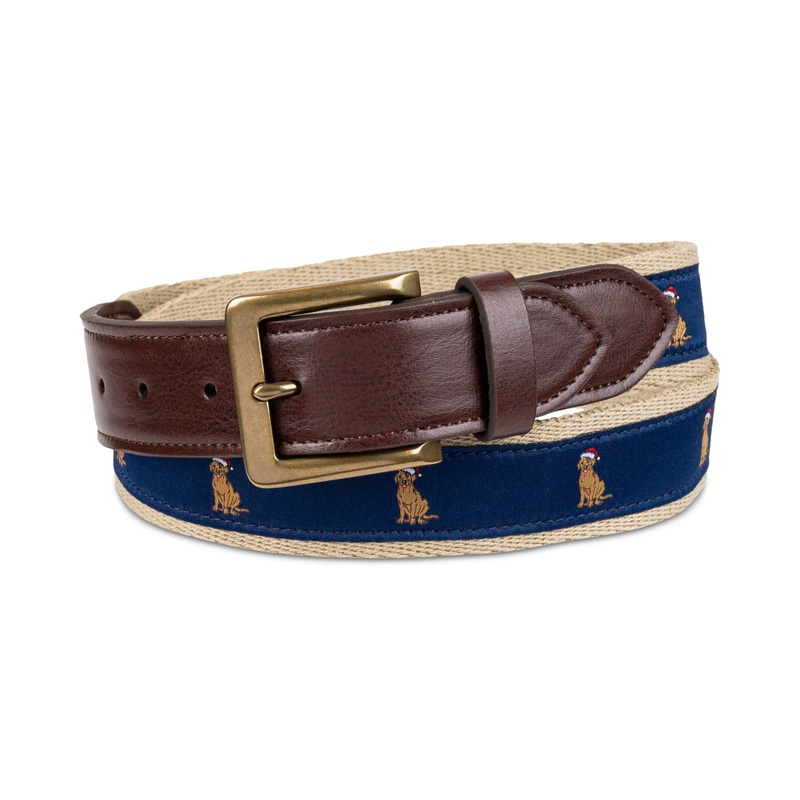 Club Room Men's Faux Leather Holiday Dog Cheer Belt Blue Combo Medium 34 36
