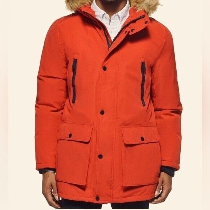 Club Room Mens Hooded Faux Fur Hood Parka Jacket Orange Large